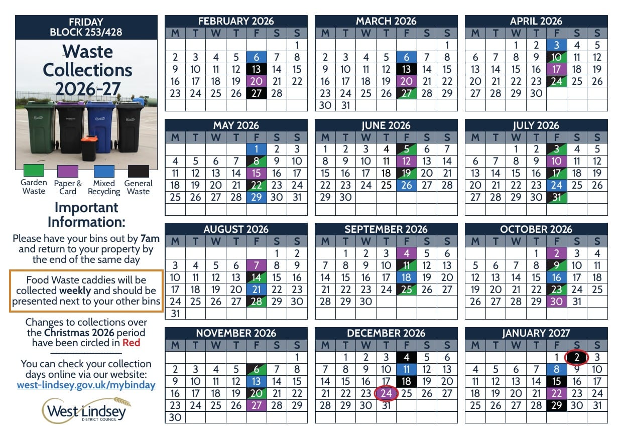 Burton Waters bin collection calendar 2026 showing Friday collection dates for general waste, recycling, and garden waste.